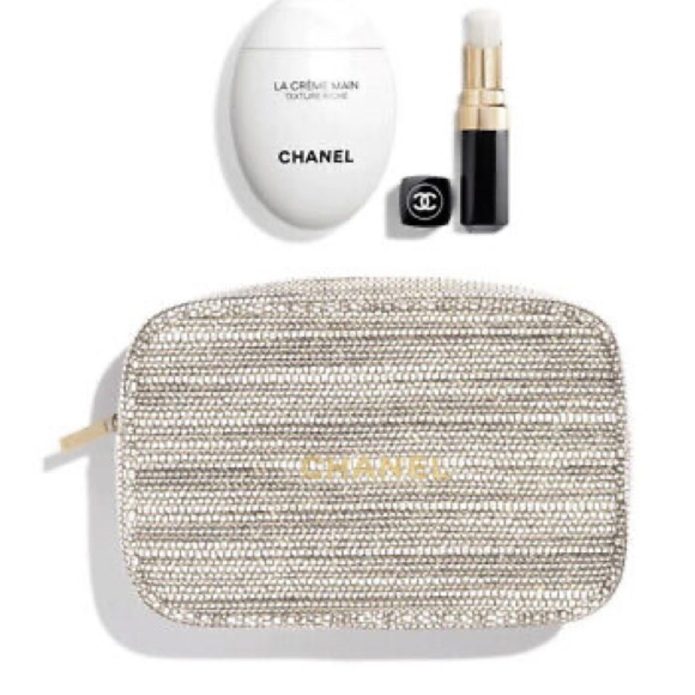 CHANEL Hydration On-Hand Essentials Set - White, Gold & Black purse like pouch